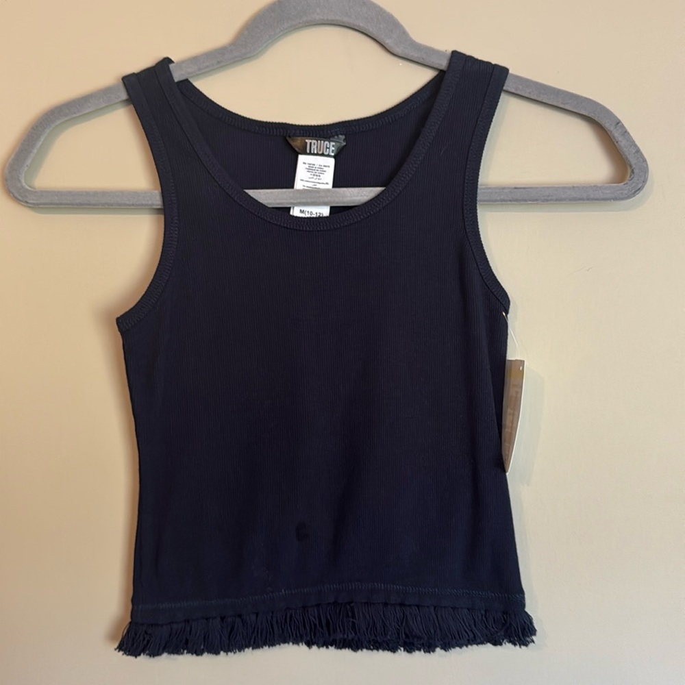 NWT- Truce girls navy tank top with fringe trim- size M (10-12)
